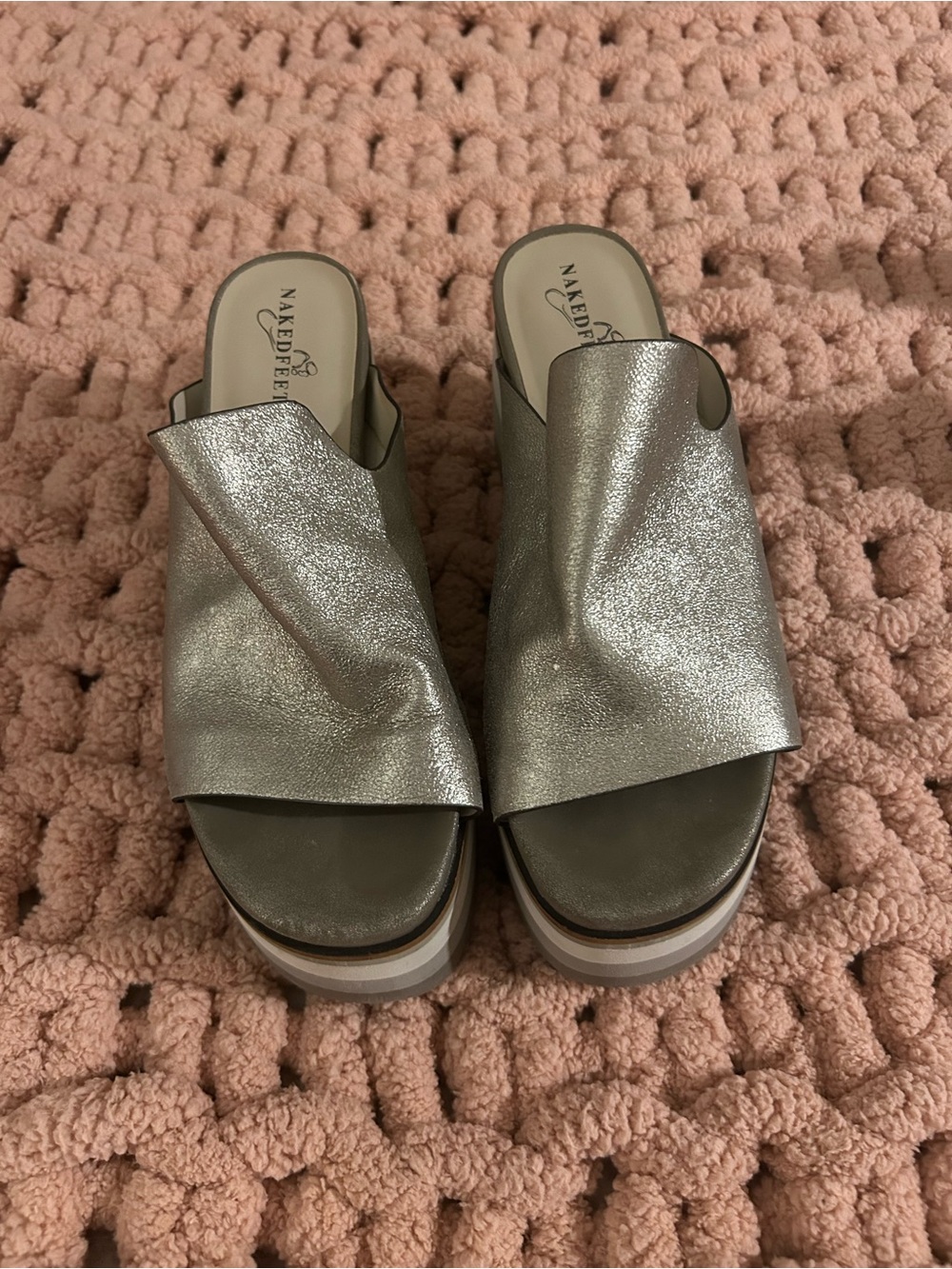 Naked Feet Metallic Silver Draped Slide Wedges